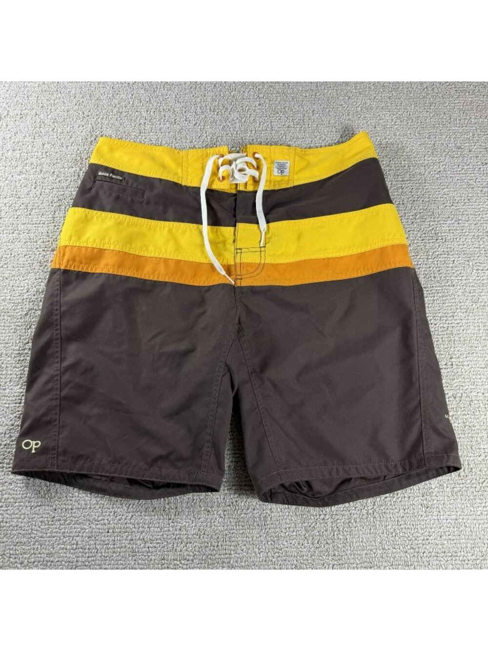 Ocean Pacific Retro Style Beach Board Shorts Brown Yellow Men’s Size 33 x 9 - Picture 1 of 6